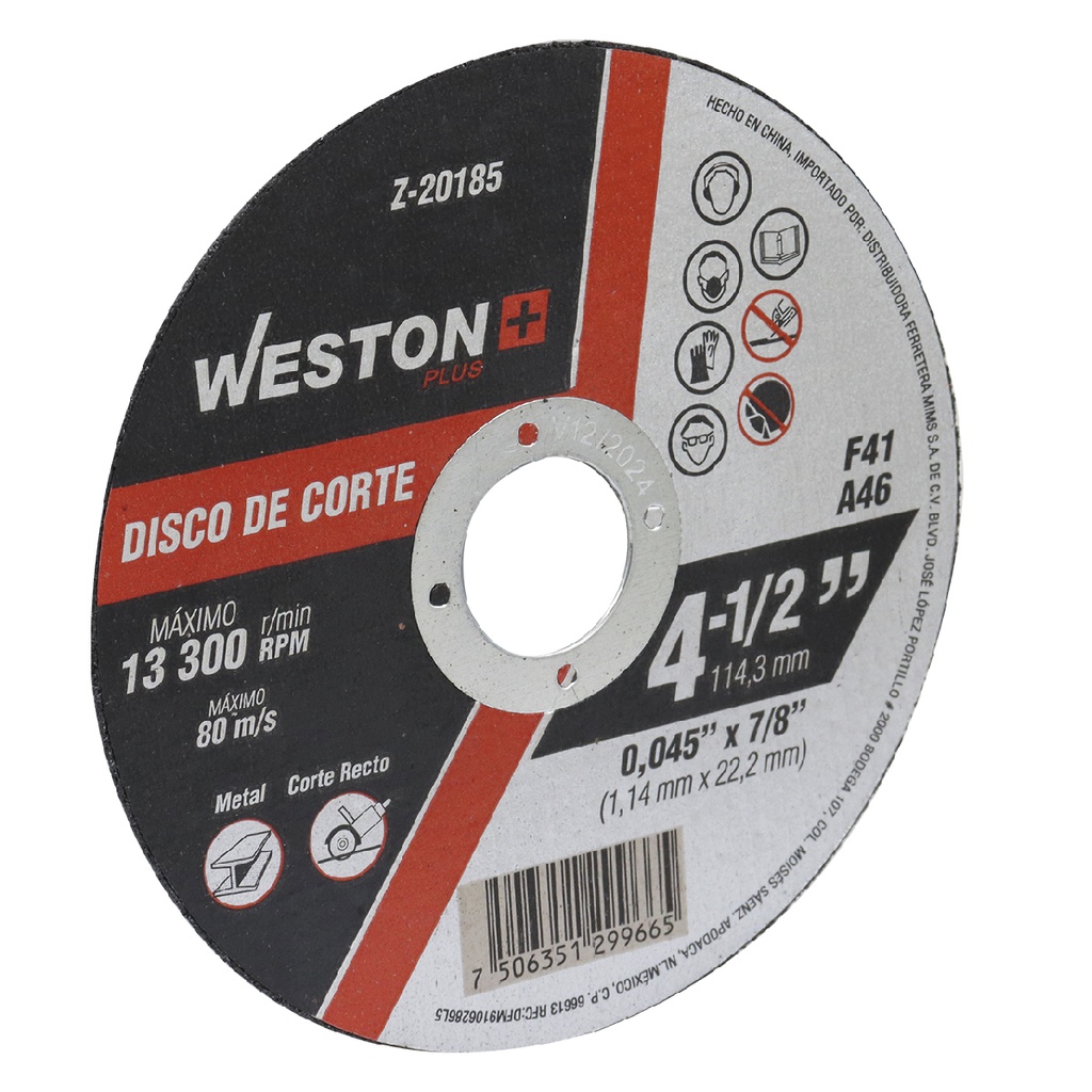 DISCO D/CORTE P/METAL 4-1/2'' x 0.045''(1.14) x 7/8'' F41