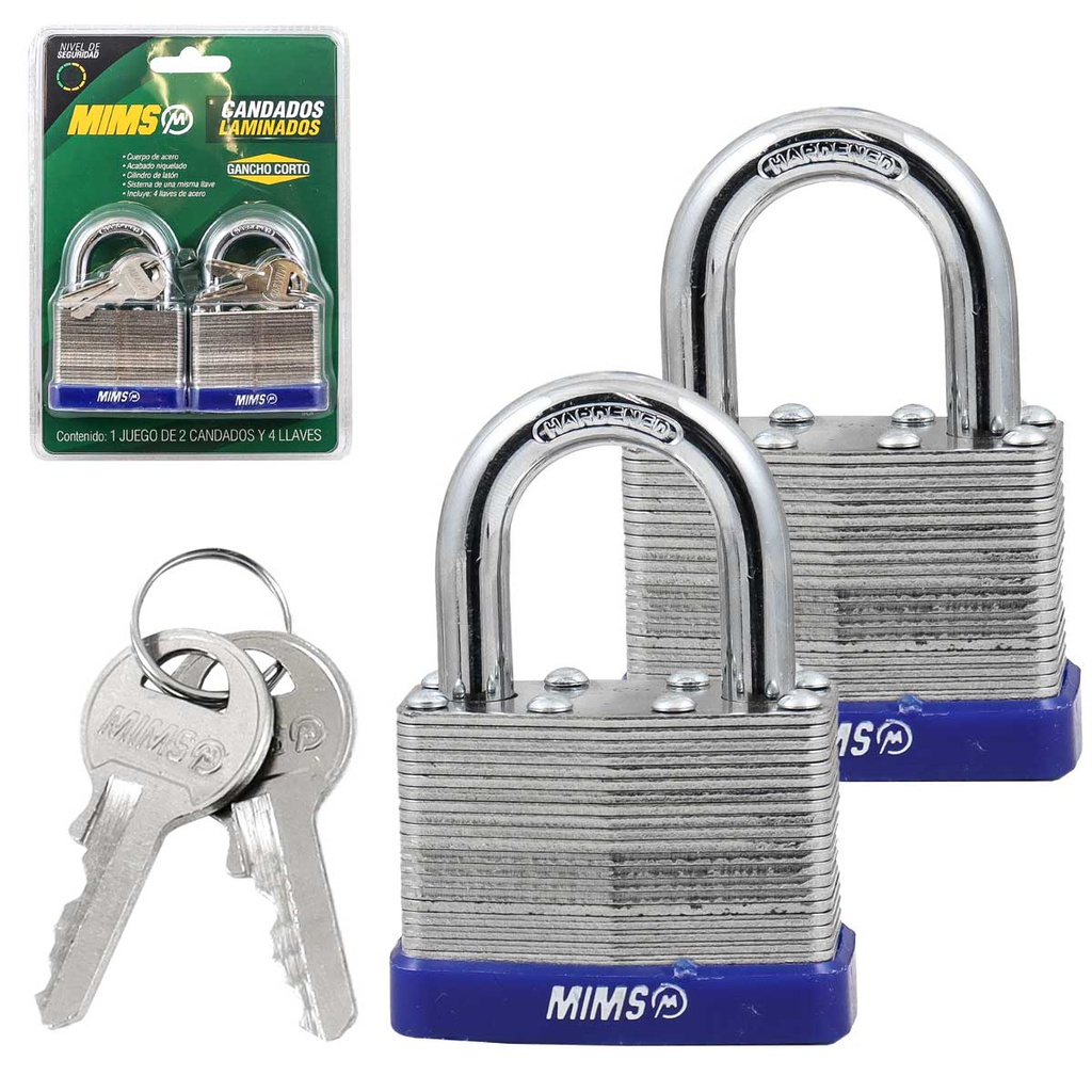 JGO. DE 4 CANDADOS DE ACERO CUERPO LAMINADO 40MM C/8 LLAVES