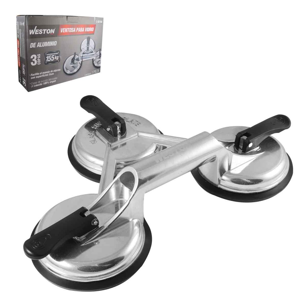 VENTOSA P/VIDRIO D/ALUMINIO 3 COPAS CAP. 155KG (PAQ.4)