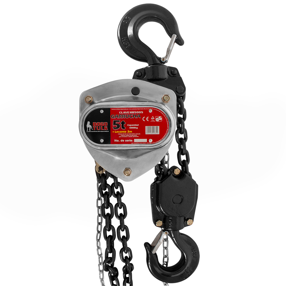 GARRUCHA CROMADA, CAPACIDAD DE 500 KG, CADENAS DE 3 M, FACTOR 4:1