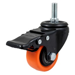 [Y-5050-075] RODAJA NARANJA PU GIR. C/FRENO Y ESPIGA ROSCADA 3"